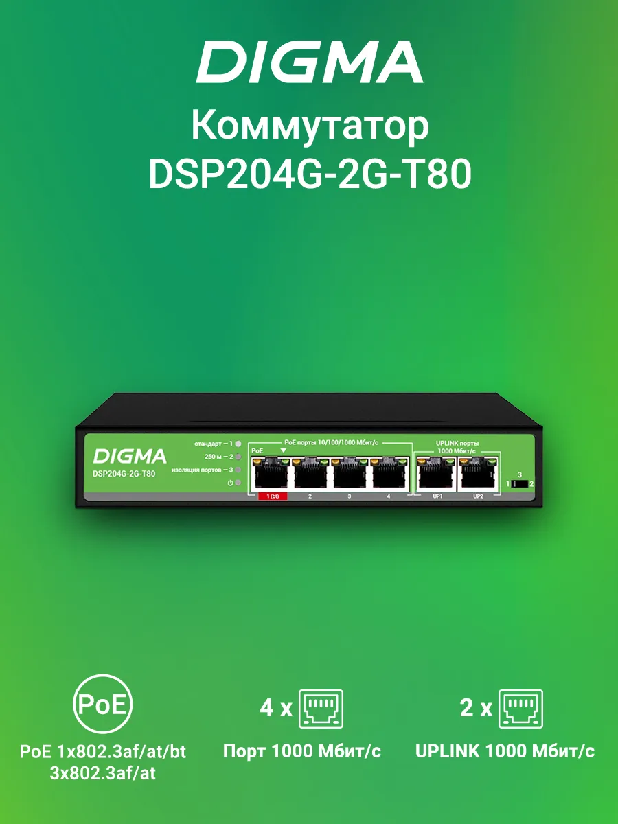 Коммутатор (L2) 6x1Гбит с 4PoE 4PoE+ 1PoE++ 80W Digma